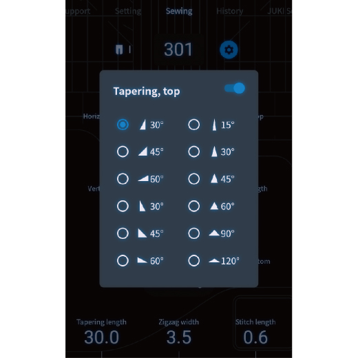 You can select the angle and direction for the beginning and end of tapering.