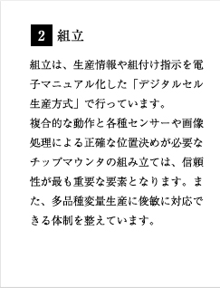 2.組立 組立は、生産情報や組付け指示を電子マニュアル化した「デジタルセル生産方式」で行っています。複合的な動作と各種センサーや画像処理による正確な位置決めが必要なチップマウンタの組み立ては、信頼性が最も重要な要素となります。また、多品種変量生産に俊敏に対応できる体制を整えています。